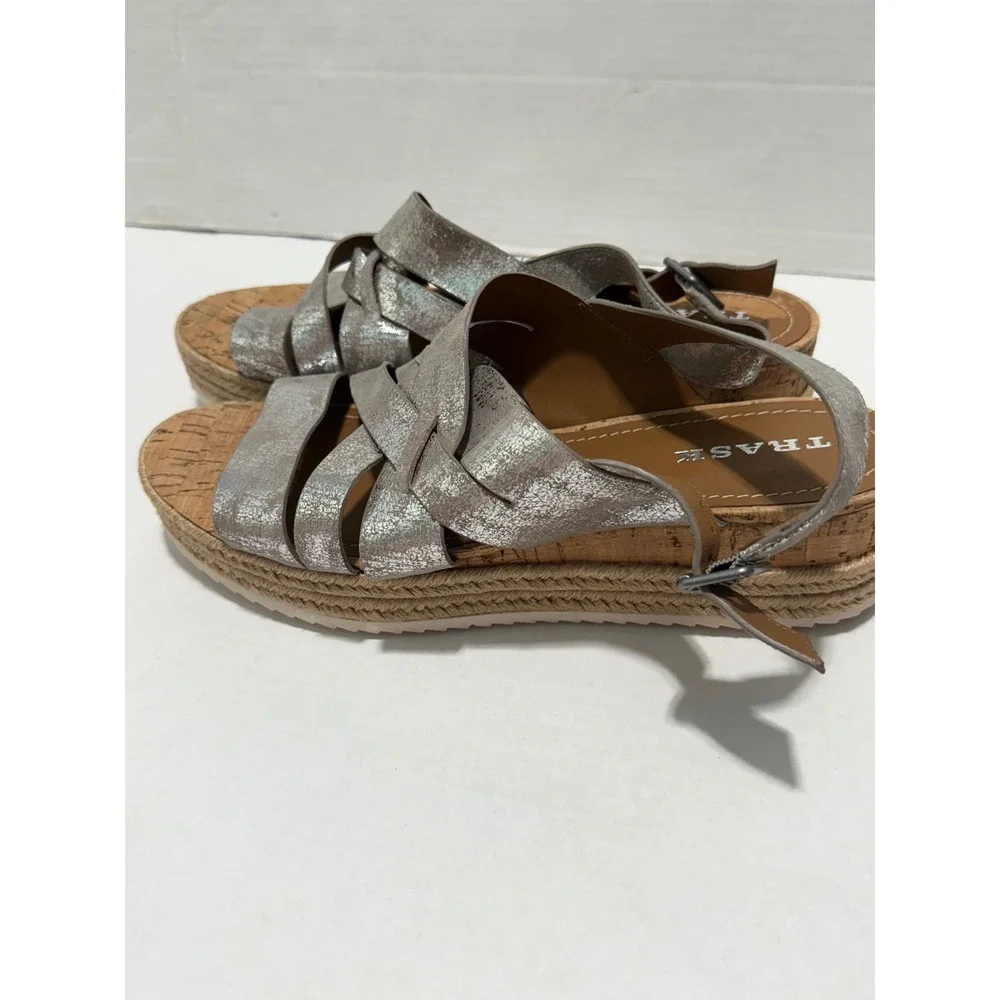 Trask Sandals Cork Wedge Strappy Metallic Silver Casual‎ Shoes Women's 11M